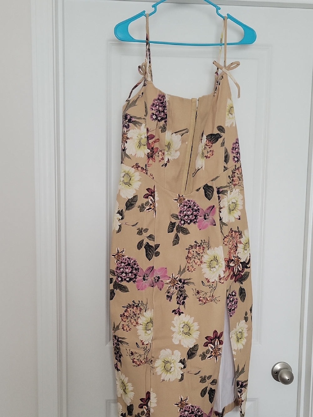 Fashion Nova Beige Floral Tie-Shoulder Midi Dress